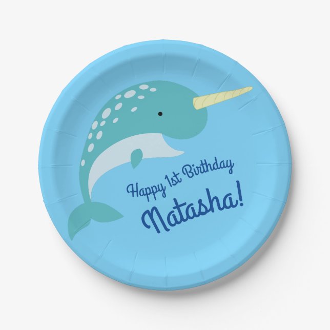 Narwhals Ocean Cute 1st Birthday Party Theme Paper Plate (Front)