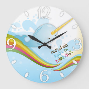 Narwhals Swim on Rainbows Large Clock