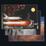 NASA Space Images Compilation, Multiphoto Wrapping Paper Sheet<br><div class="desc">Compilation of beautiful space photos include: -Space shuttle Discovery as imaged on March 11, 2009, at Kennedy Space Centre in Cape Canaveral, Florida, during a nearly full moon. -Carina Nebula Cosmic Cliffs as captured by the new James Webb Telescope in July 2022. -Hubble Ultra Deep Field, constellation Fornax, as captured...</div>