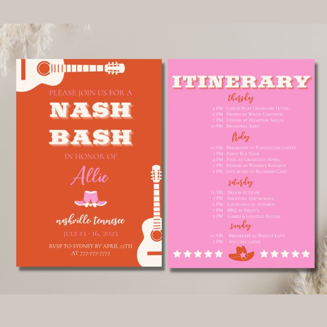 Nashville Bach Party Invitation rose et tinéraire (Créateur téléchargé)