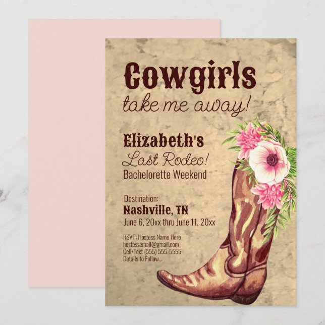 Nashville Bachelorette Rustic Pink Cowgirl Invitation (Front/Back)