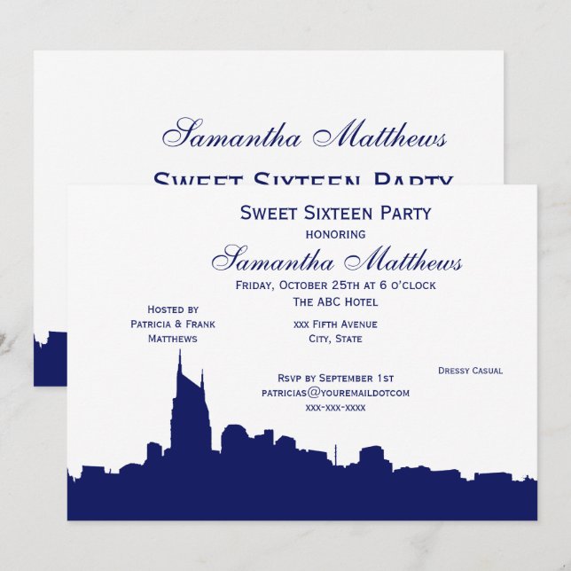 Nashville Black Skyline Silhouette Sweet 16 Blue Invitation (Front/Back)