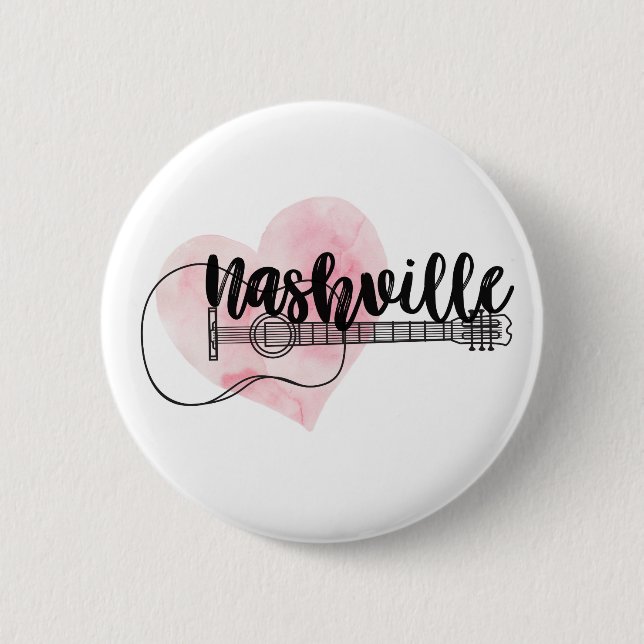 Nashville Guitar watercolor heart design 2 Inch Round Button (Front)