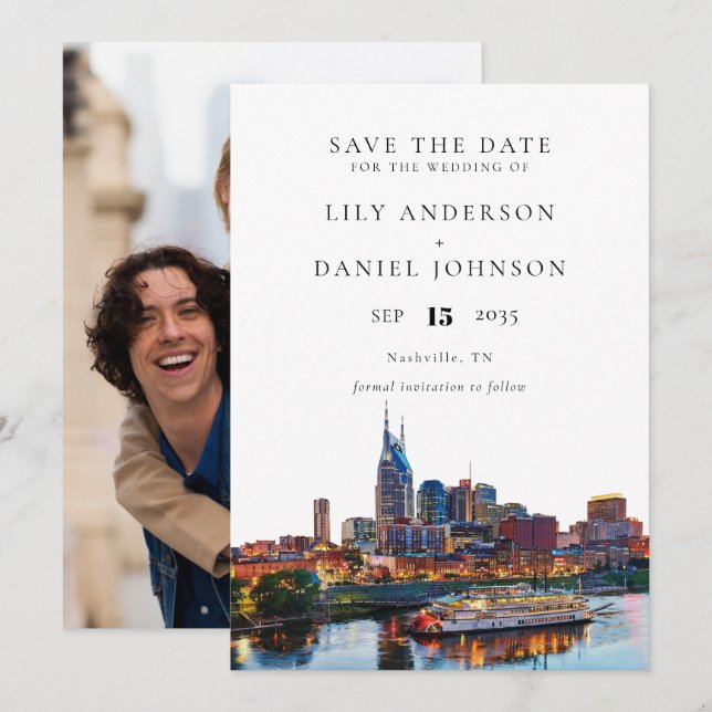 Nashville Riverfront Watercolor Photo Wedding Save The Date (Front/Back)