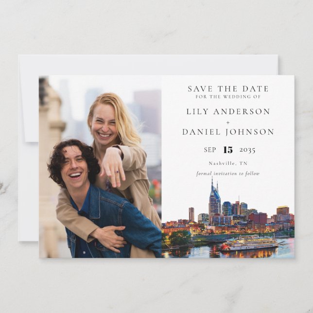 Nashville Riverfront Watercolor Photo Wedding Save The Date (Front)