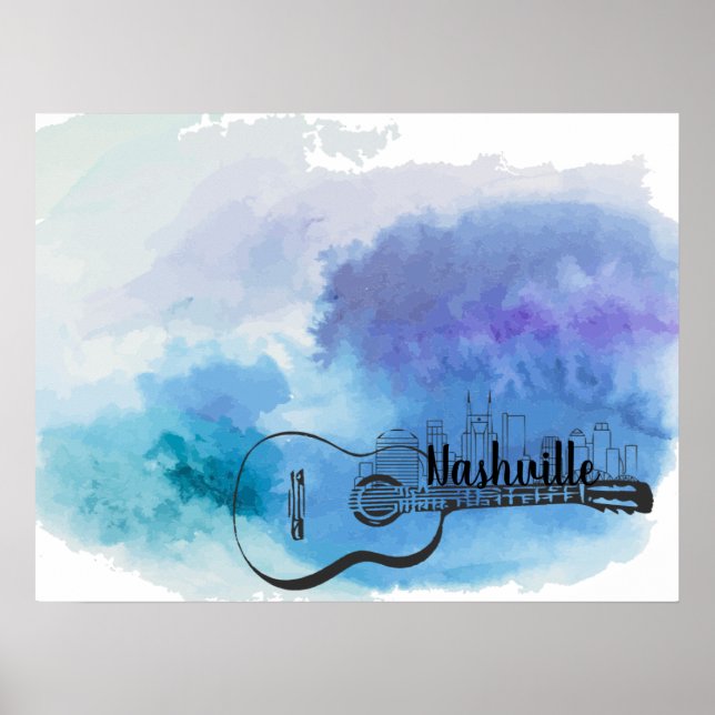 Nashville Skyline Guitar Watercolor Design Poster (Front)