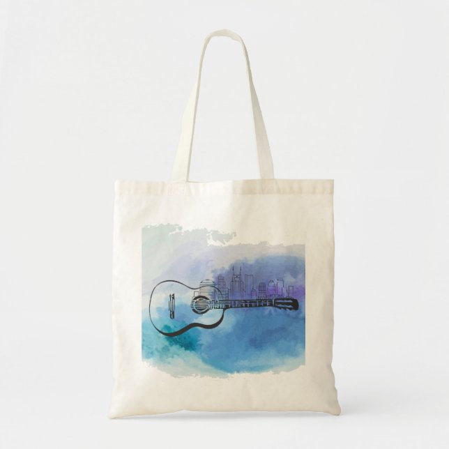 Nashville Skyline Guitar Watercolor Design Tote Bag (Front)