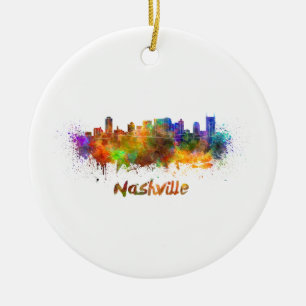 Nashville skyline in watercolor ceramic ornament