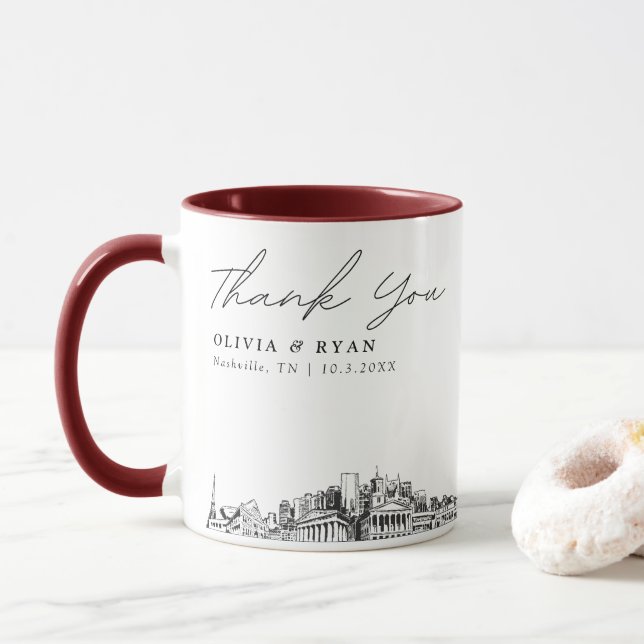 Nashville Skyline Sketch Simple Custom Wedding Mug (With Donut)