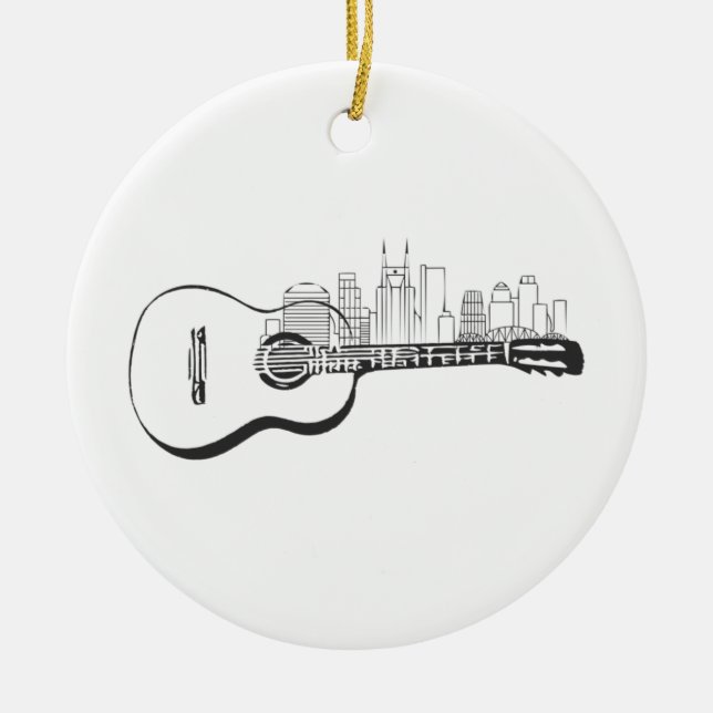 Nashville Tennessee Guitar Skyline Design Ceramic Ornament (Front)