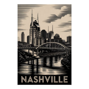 Nashville Tennessee Skyline Black White Woodcut Poster