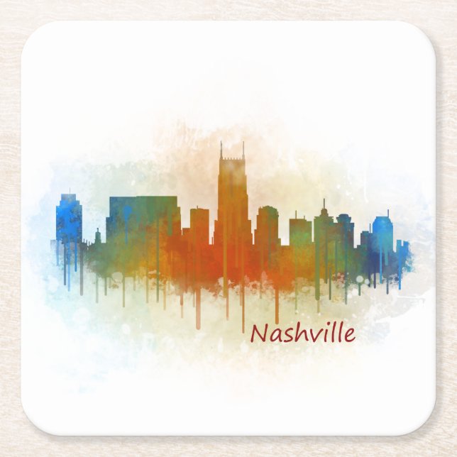 Nashville Tennessee watercolor Skyline art v3 Square Paper Coaster (Front)