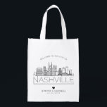 Nashville, Tennessee Wedding | Stylized Skyline Reusable Grocery Bag<br><div class="desc">A unique wedding bag for a wedding taking place in the beautiful city of Nashville,  Tennessee.  This bag features a stylized illustration of the city's unique skyline with its name underneath.  This is followed by your wedding day information in a matching open lined style.</div>