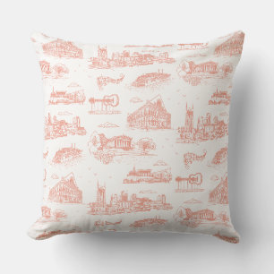 Nashville Toile Coral Pink on White Throw Pillow
