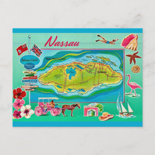 Nassau Bahamas Vintage Map Postcard