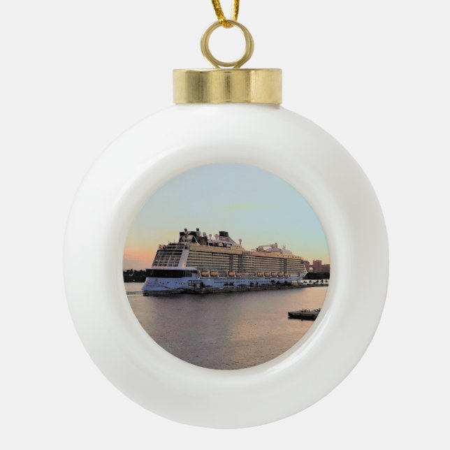 Nassau Harbour Daybreak with Cruise Ship Ceramic Ball Christmas Ornament (Front)