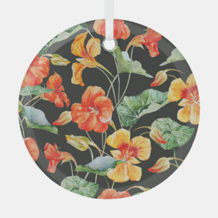 Nasturtium Orange: Watercolor Dark Pattern. Glass Ornament