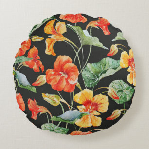 Nasturtium Orange: Watercolor Dark Pattern. Round Pillow