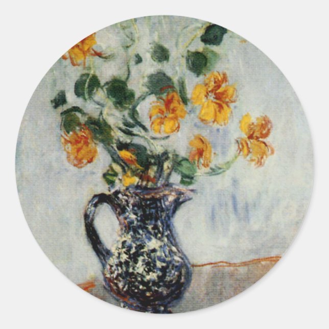 Nasturtiums in a Blue Vase by Monet Classic Round Sticker (Front)
