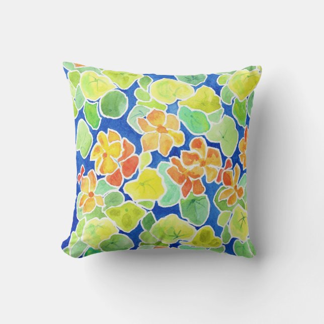 Nasturtiums Red Blue Green Floral Pattern Throw Pillow (Front)