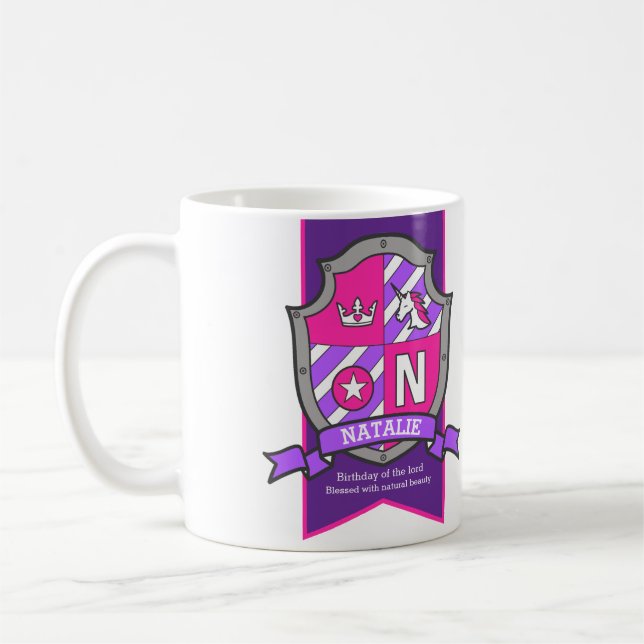 Natalie name meaning knight purple pink letter N Coffee Mug (Left)