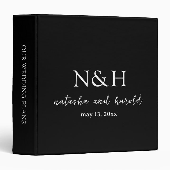 Natasha Black Monogram Modern Wedding Binder (Front/Spine)