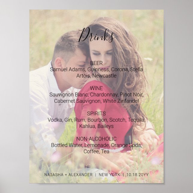 Natasha Drinks Menu Rustic Photo Wedding Sign (Front)
