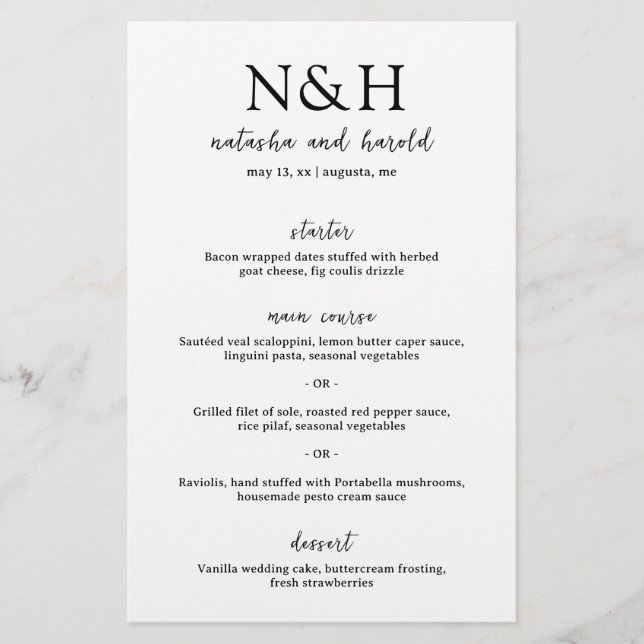 Natasha Monogram Menu Mariage moderne (Devant)