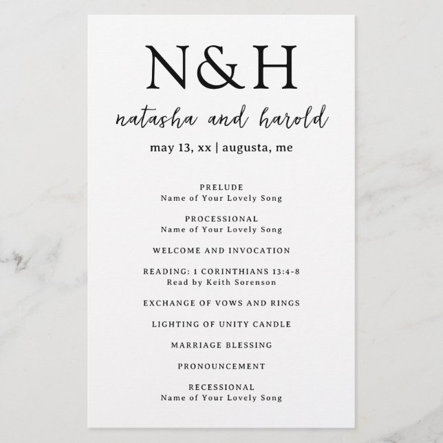 Natasha Monogramme Programme de mariage moderne (Devant)