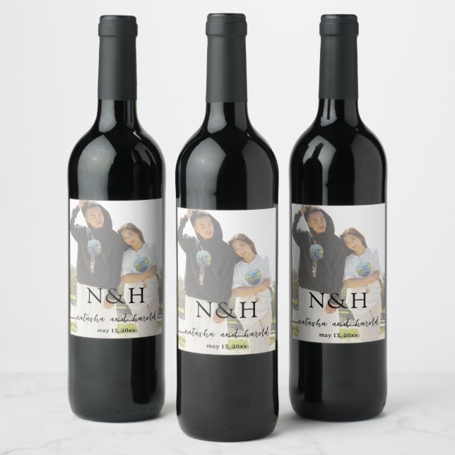 Natasha Photo Monogram Modern Wedding Wine Label (Bottles)