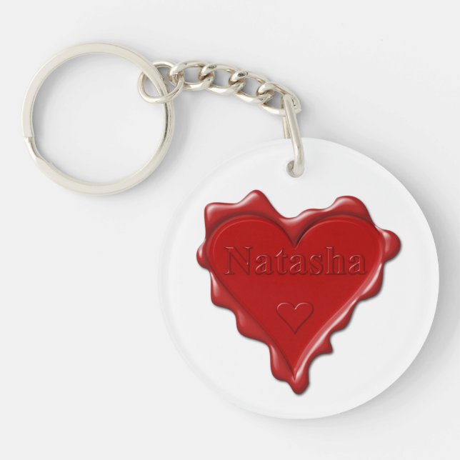 Natasha. Red heart wax seal with name Natasha Keychain (Front)