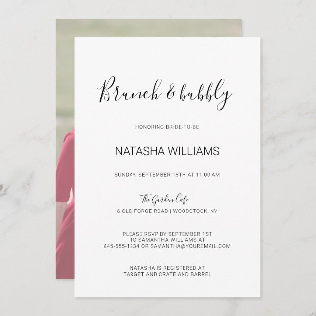 Natasha Rustic Calligraphy Photo Brunch & Bubbly Invitation (Front/Back)
