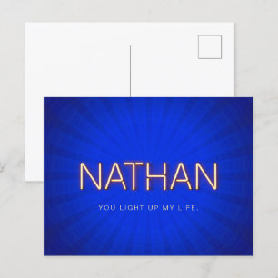 Nathan name in glowing neon lights postcard