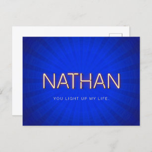 Nathan name in glowing neon lights postcard