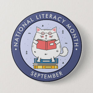 National Literacy Month, reading cat blue 3 Inch Round Button