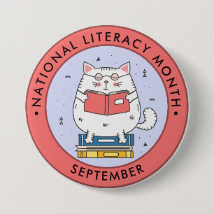National Literacy Month, reading cat, pink 3 Inch Round Button