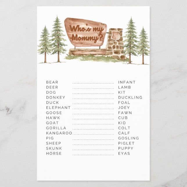 National Park Baby Shower Games Whos My Mommy Flyer (Front)