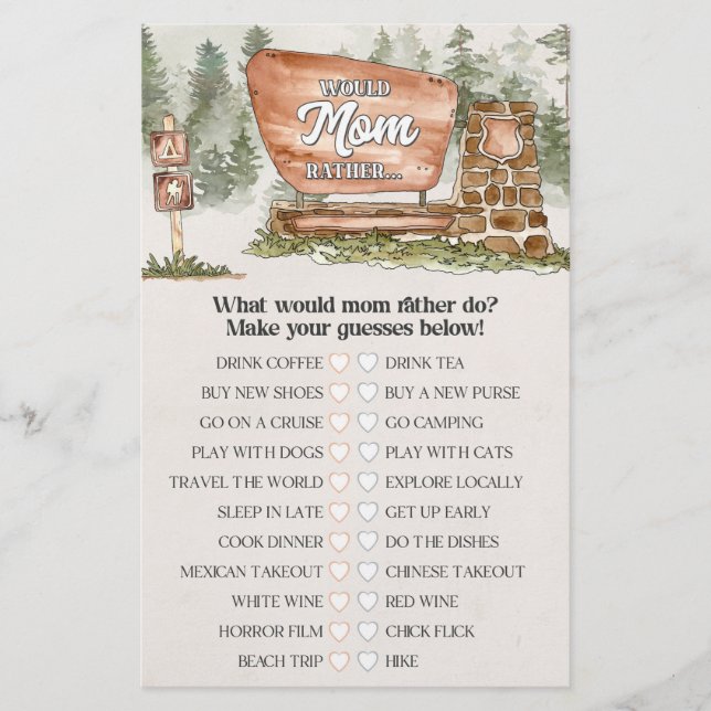 national park would mom rather baby shower game  (Front)
