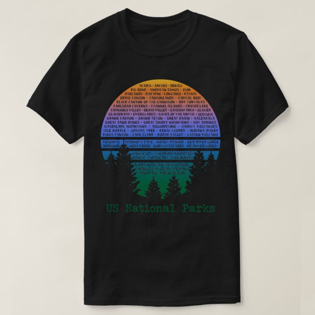 National Parks List Word Cloud Sunset Trees Men Wo T-Shirt (Design Front)