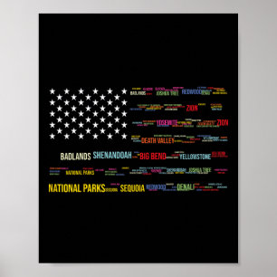 National Parks Usa List Word Cloud Us Flag Camping Poster