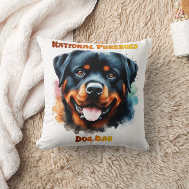 National Purebred Dog Day Rottweiler Artwork Throw Pillow (Blanket)