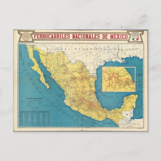 National Railroads of Mexico Map Postcard (Front)