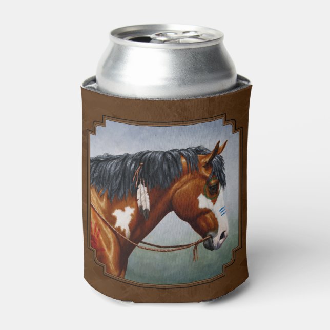 Native American Bay Pinto Horse Brown Can Cooler (Can Front)