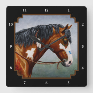 Native American Bay Pinto Horse Square Wall Clock