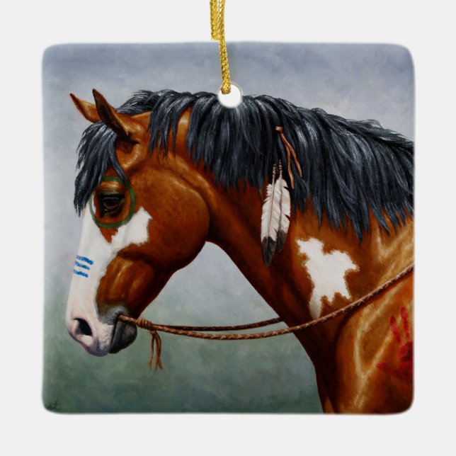 Native American Bay Pinto War Horse Ceramic Ornament (Front)