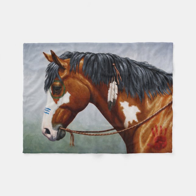 Native American Bay Pinto War Horse Fleece Blanket (Front (Horizontal))