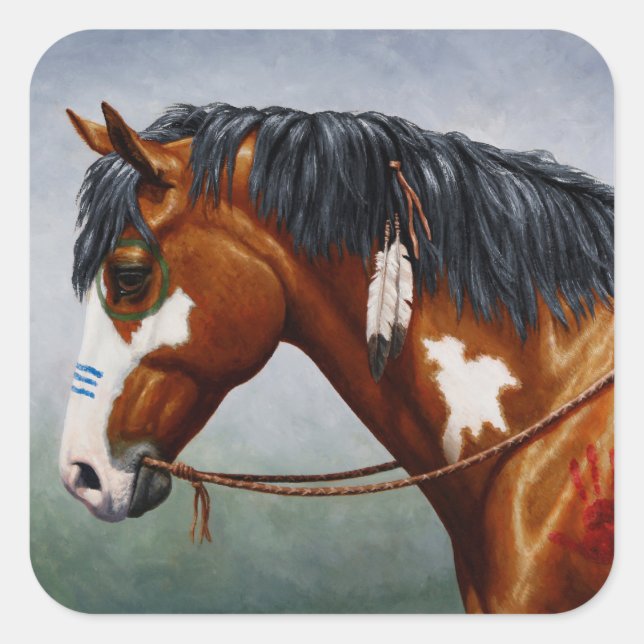 Native American Bay Pinto War Horse Square Sticker (Front)