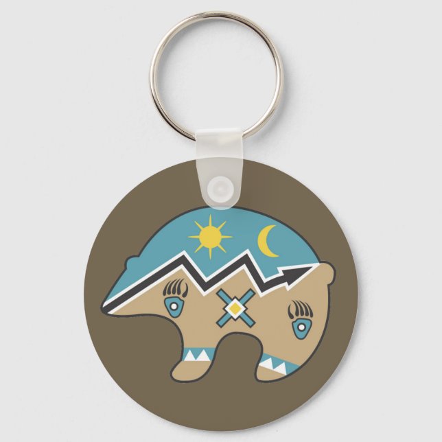 Native American Bear, blue, brown Keychain (Front)