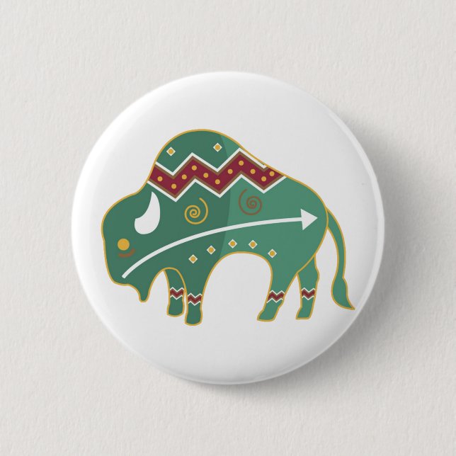 Native American Bison, green 2 Inch Round Button (Front)