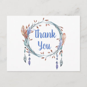 Native American Blue Tribal Feather Boho Thank You Postcard